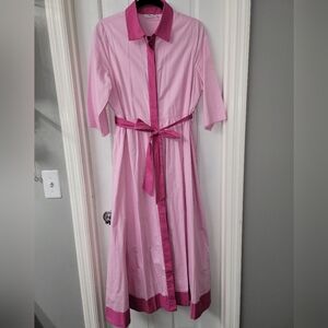 Hermoza Elegant Pink Midi Dress with Ribbon Belt